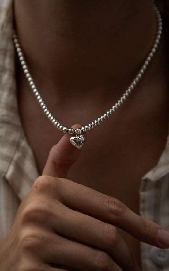 Necklace Heart Silver Beads